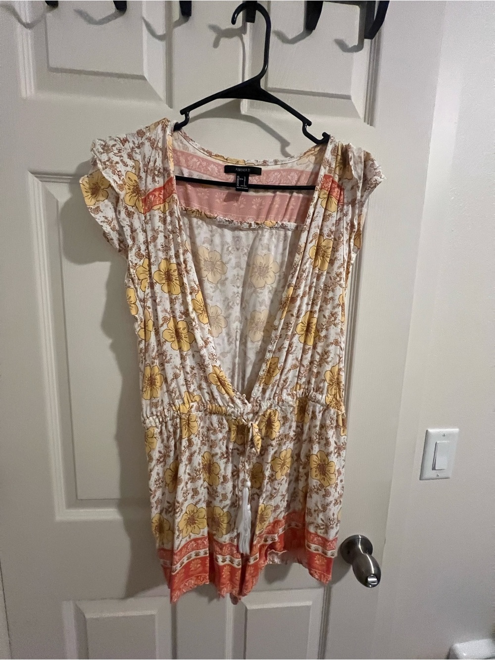 Forever 21 Yellow Floral Tie-Waist Tunic Romper with Coral Border